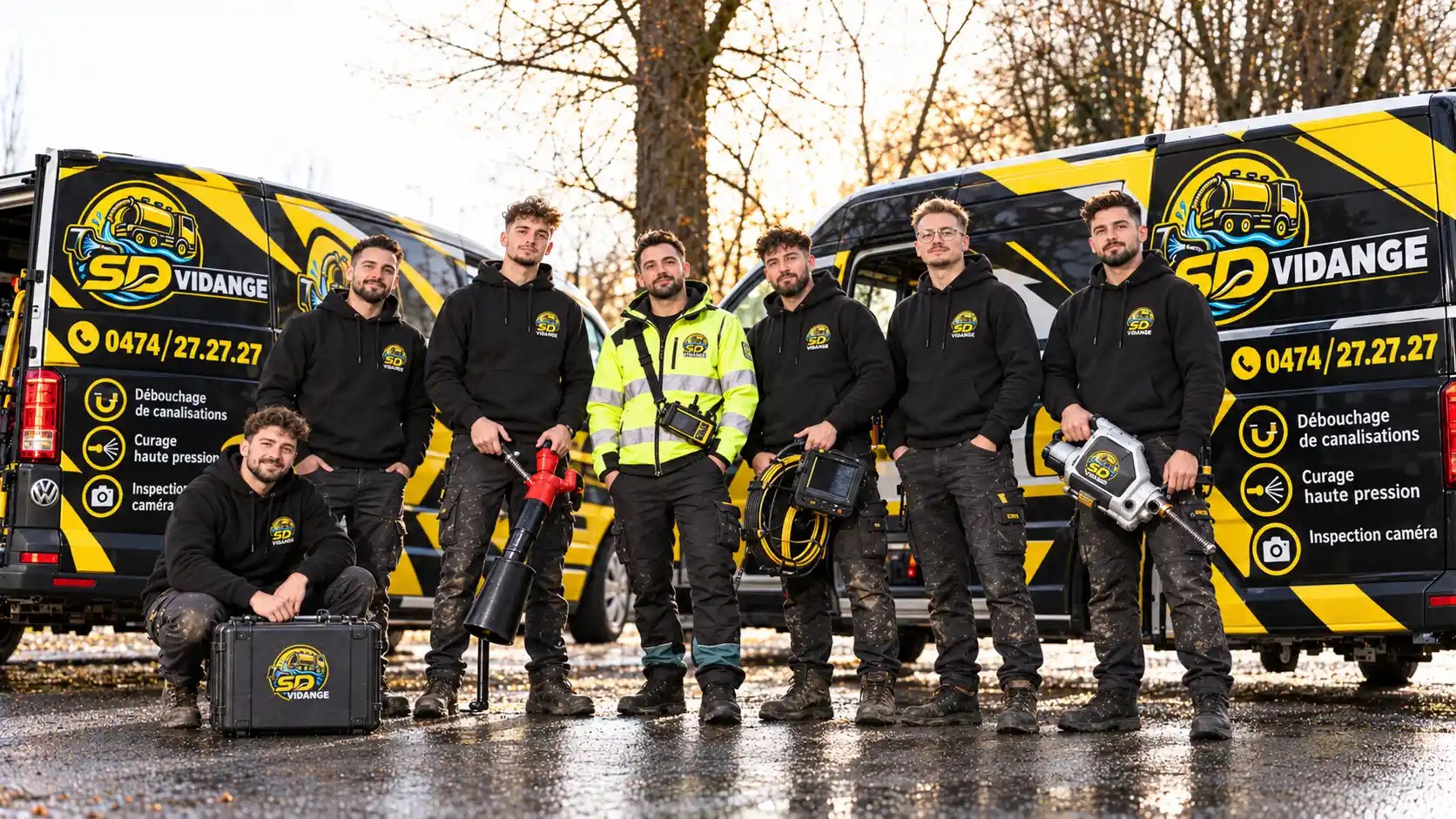 Équipe SD Vidange devant deux camionnettes avec matériel de débouchage et caméra d'inspection