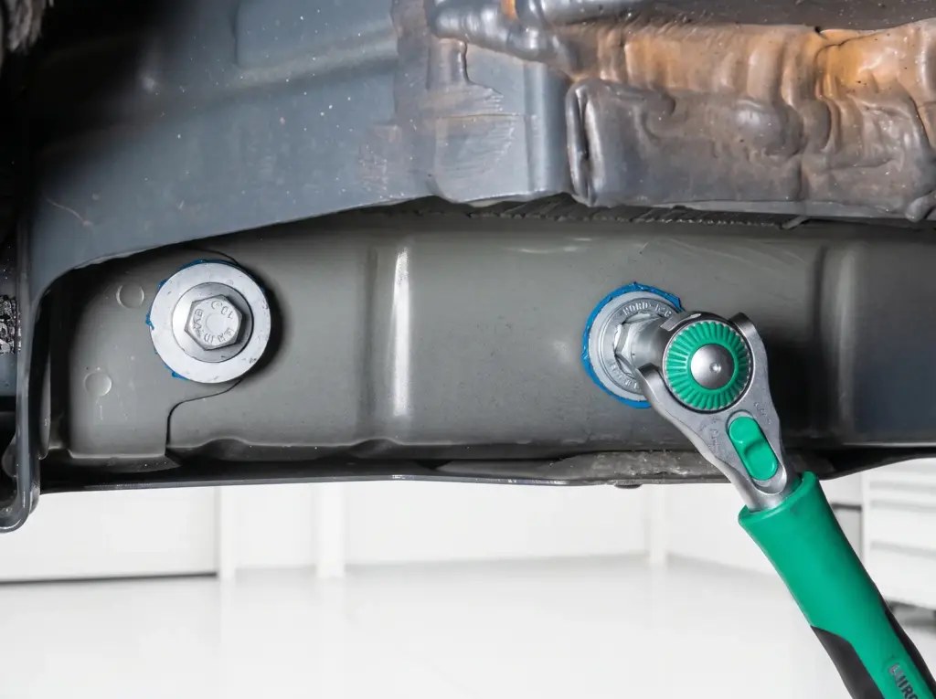 Serrage au couple d'un boulon d'attelage sous caisse avec clé dynamométrique verte