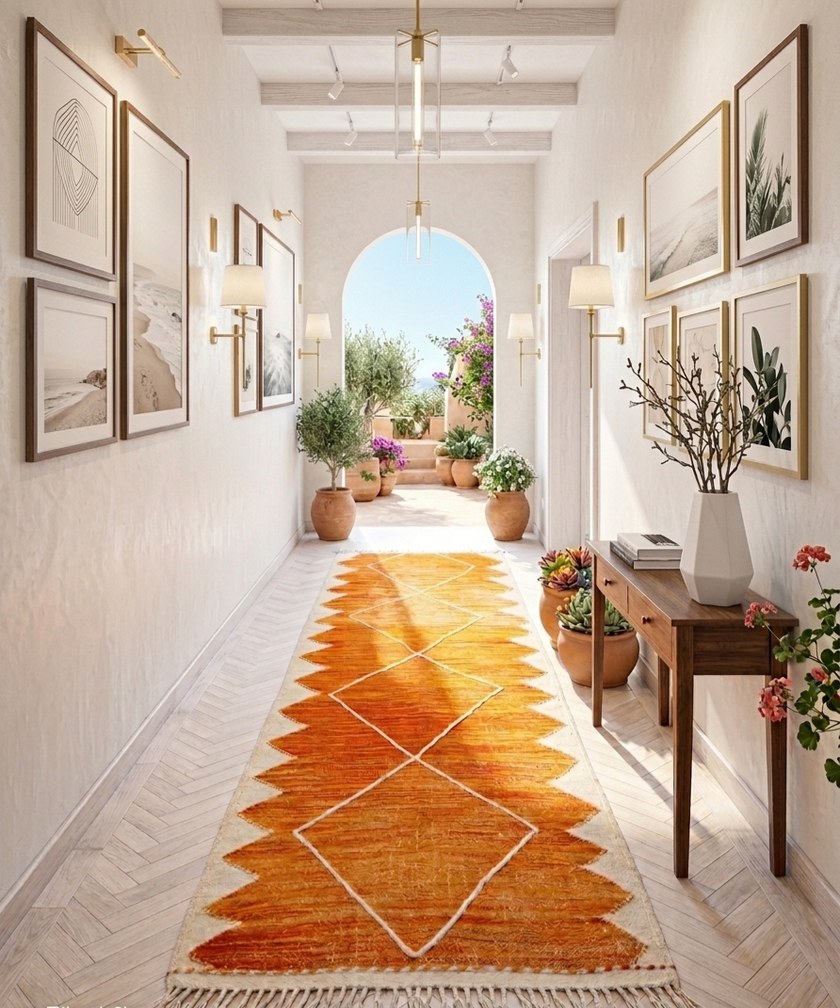 Tapis berbère kilim orange à motifs géométriques posé dans un couloir